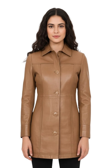Woman wearing a brown leather jacket on a white background