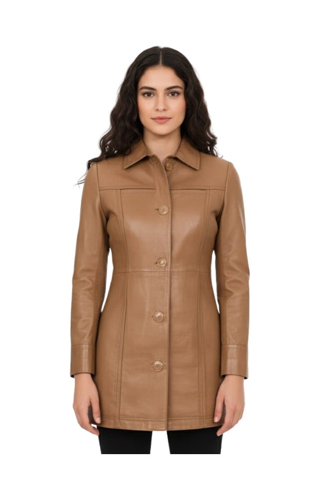 Woman wearing a brown leather jacket on a white background