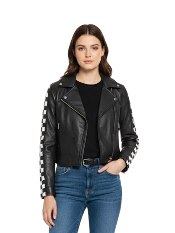 Woman wearing a black leather jacket with checkered sleeves on a white background