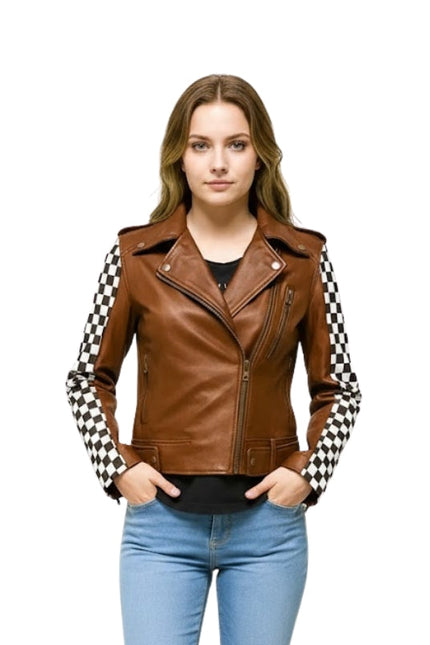 Woman wearing a brown leather jacket with checkered sleeves on a white background