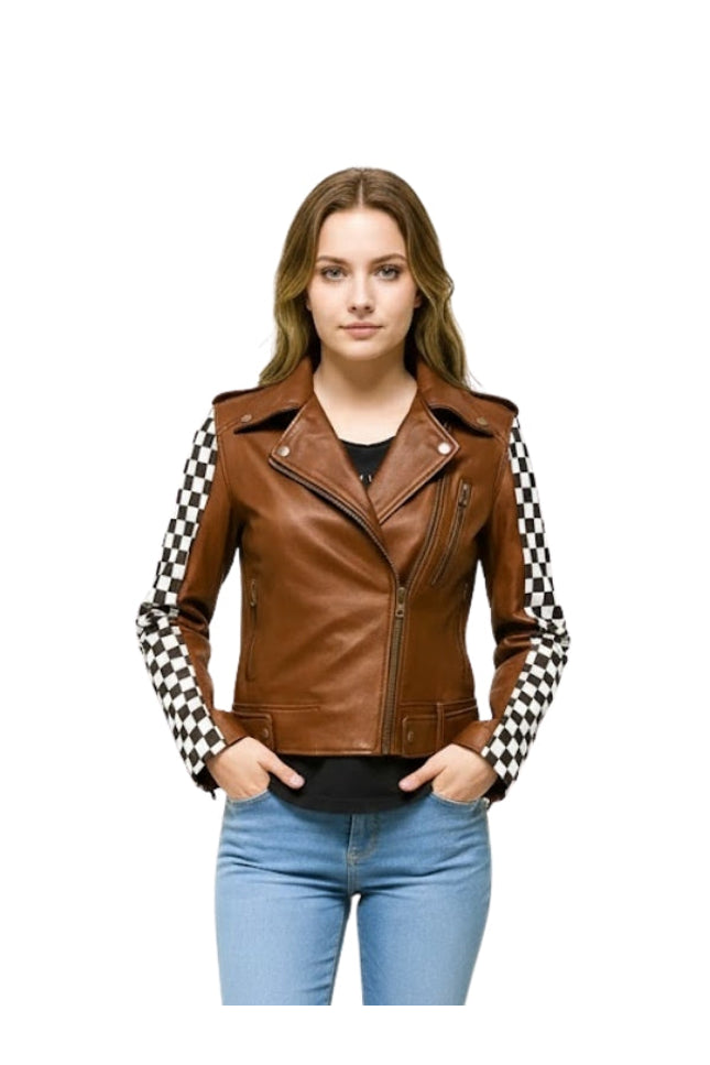 Woman wearing a brown leather jacket with checkered sleeves on a white background