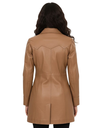 Brown leather coat worn by a person on a white background
