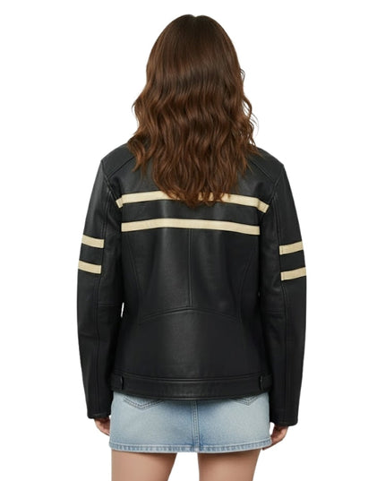 Black leather jacket with beige stripes on a white background