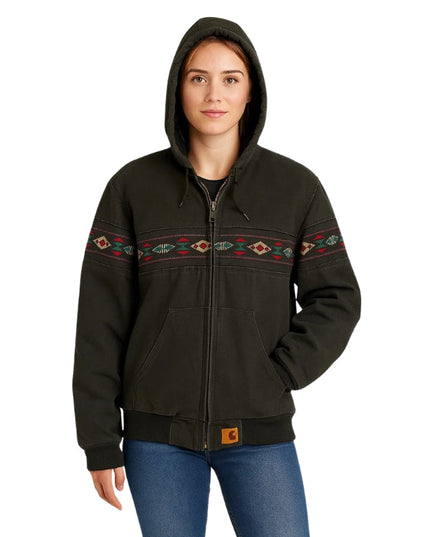 Person wearing a black hoodie with tribal patterns on a white background