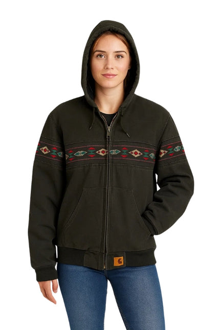 Person wearing a black hoodie with tribal patterns on a white background