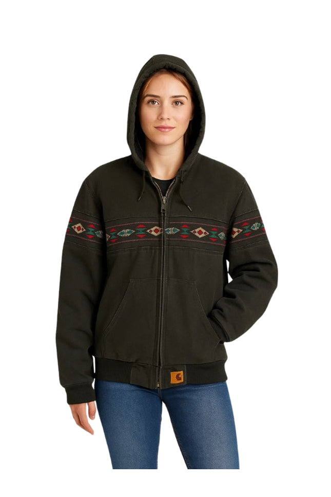 Person wearing a black hoodie with tribal patterns on a white background