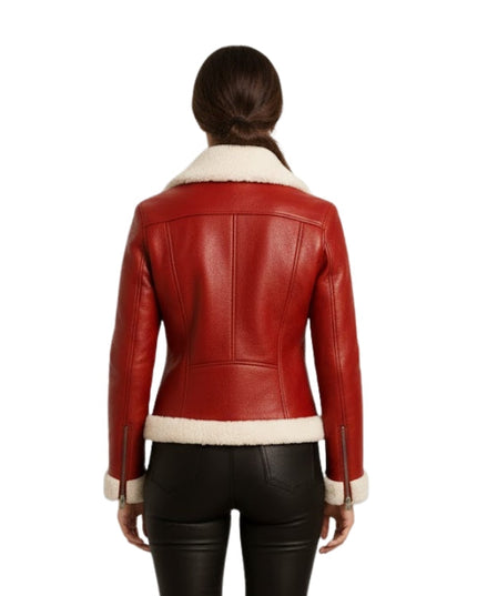Women's Cream Shearling Aviator Red Leather Biker Jacket