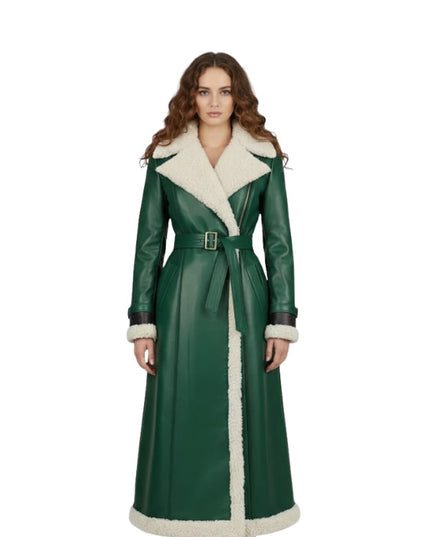 Women's Cream Shearling Belt Green Leather Trench Coat
