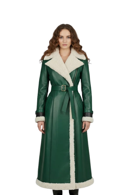 Women's Cream Shearling Belt Green Leather Trench Coat