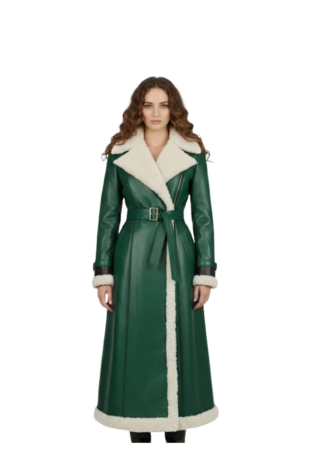 Women's Cream Shearling Belt Green Leather Trench Coat
