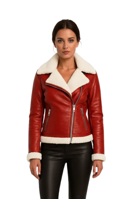 Women's Cream Shearling Red Leather Jacket