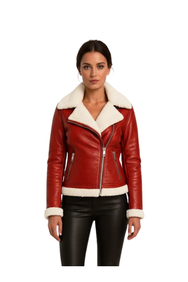 Women's Cream Shearling Red Leather Jacket