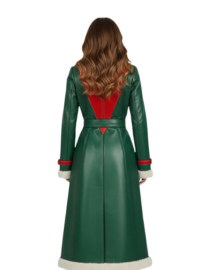 Women's Cream Shearling with Belted Premium Green Leather Trench Coat
