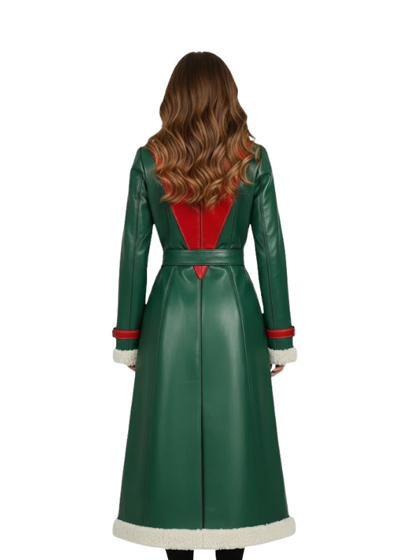 Women's Cream Shearling with Belted Premium Green Leather Trench Coat