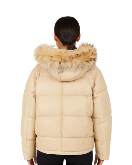 Beige puffer jacket with fur hood on a white background