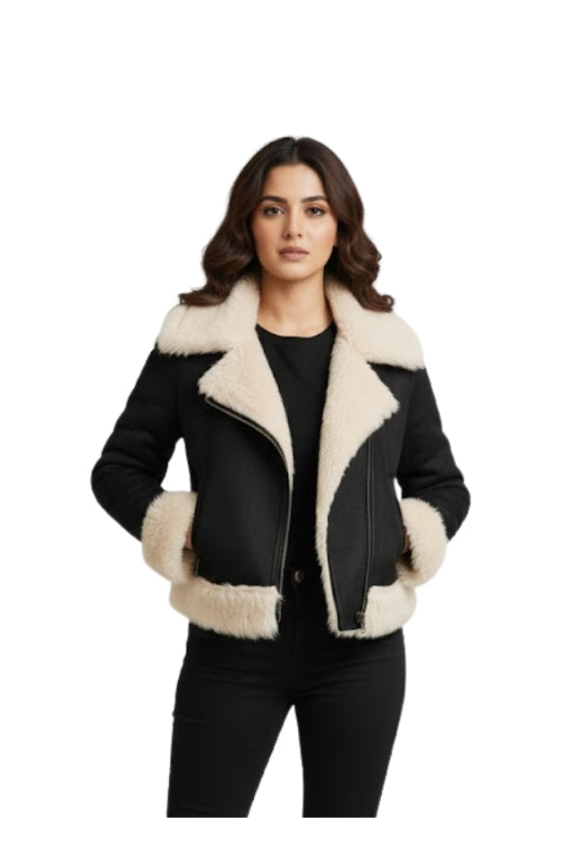 Woman wearing a black and beige shearling jacket on a white background