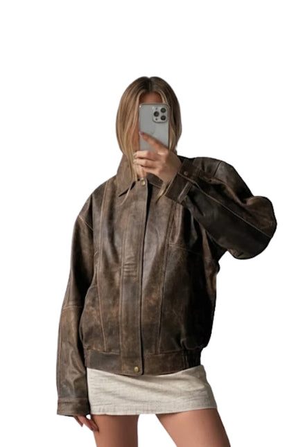 Person wearing a brown leather jacket on a white background