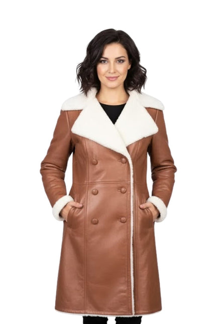Woman wearing a brown leather coat with white fur trim on a white background