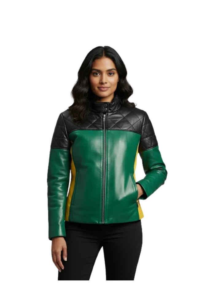 Woman wearing a green and black leather jacket on a white background