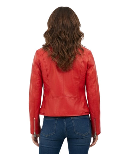 Person wearing a red leather jacket and blue jeans on a white background