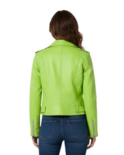 Person wearing a bright green leather jacket on a white background