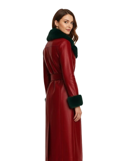 Women's Green Classic Shearling with Belted Red Leather Trench Coat