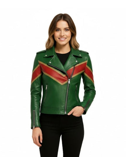  Women's Green Leather Biker Jacket