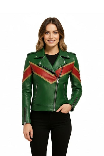 Women's Green Leather Biker Jacket