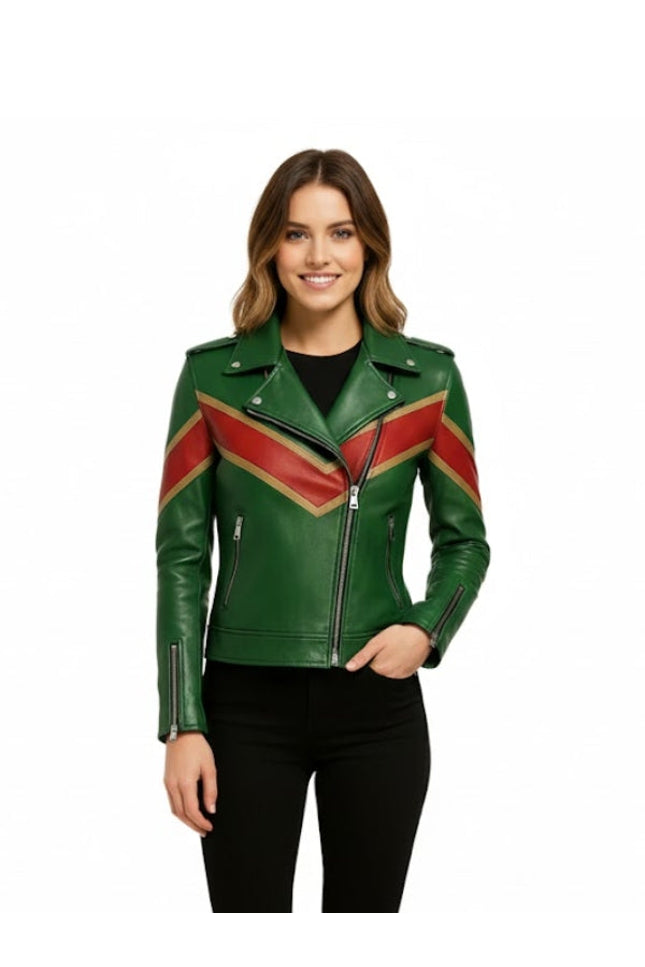  Women's Green Leather Biker Jacket