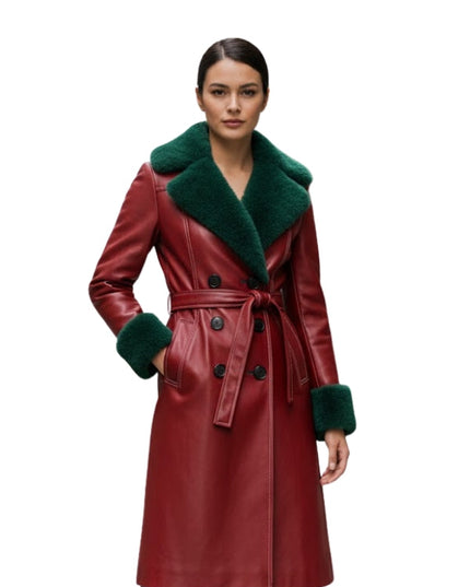 Women's Green Shearling Belted Red Leather Trench Coat
