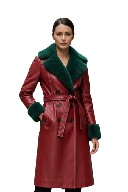 Women's Green Shearling Belted Red Leather Trench Coat