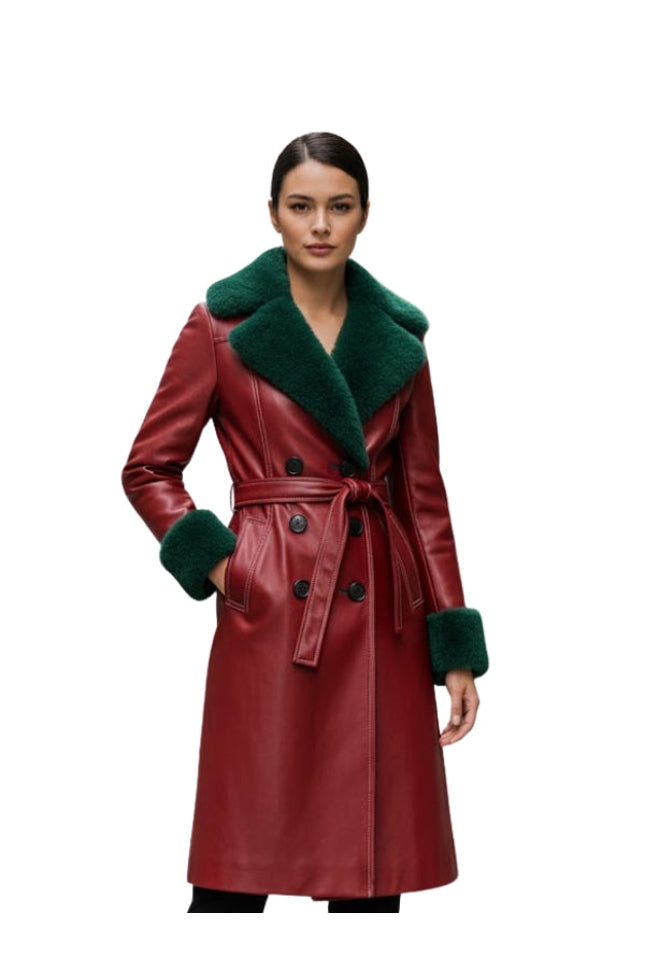 Women's Green Shearling Belted Red Leather Trench Coat