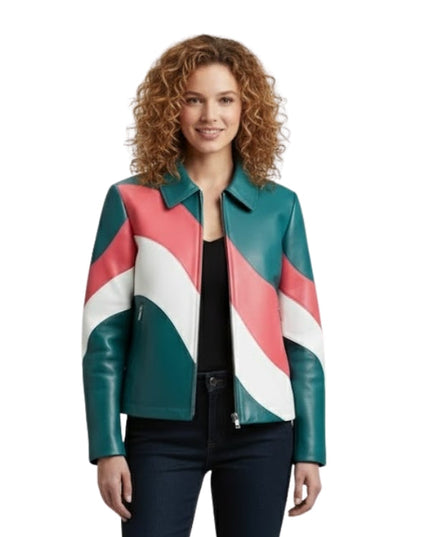 Woman wearing a colorful jacket with a white background