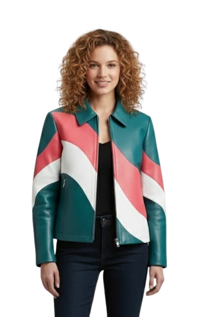 Woman wearing a colorful jacket with a white background