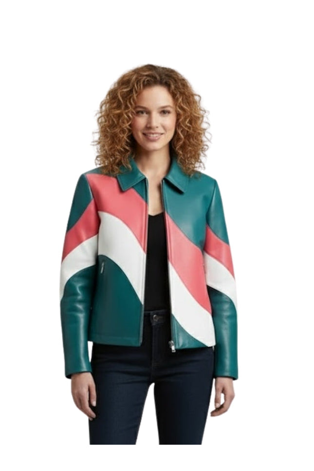 Woman wearing a colorful jacket with a white background