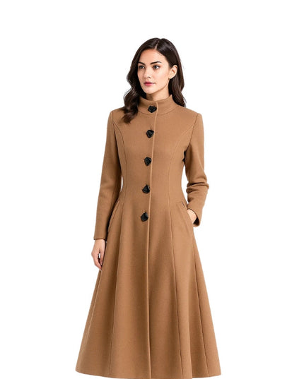 Woman wearing a brown coat on a white background