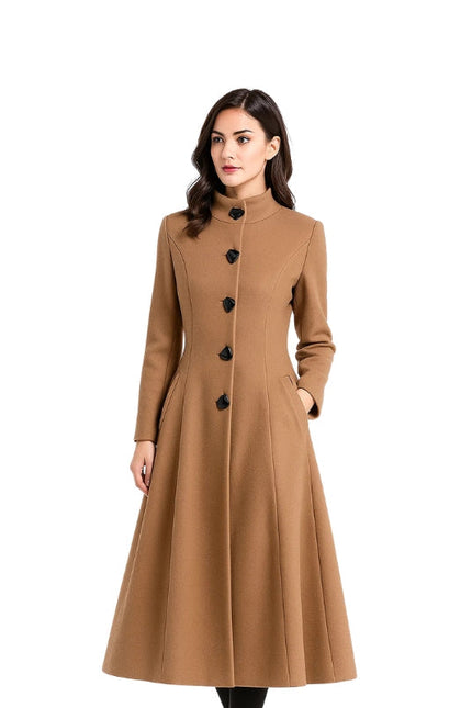 Woman wearing a brown coat on a white background