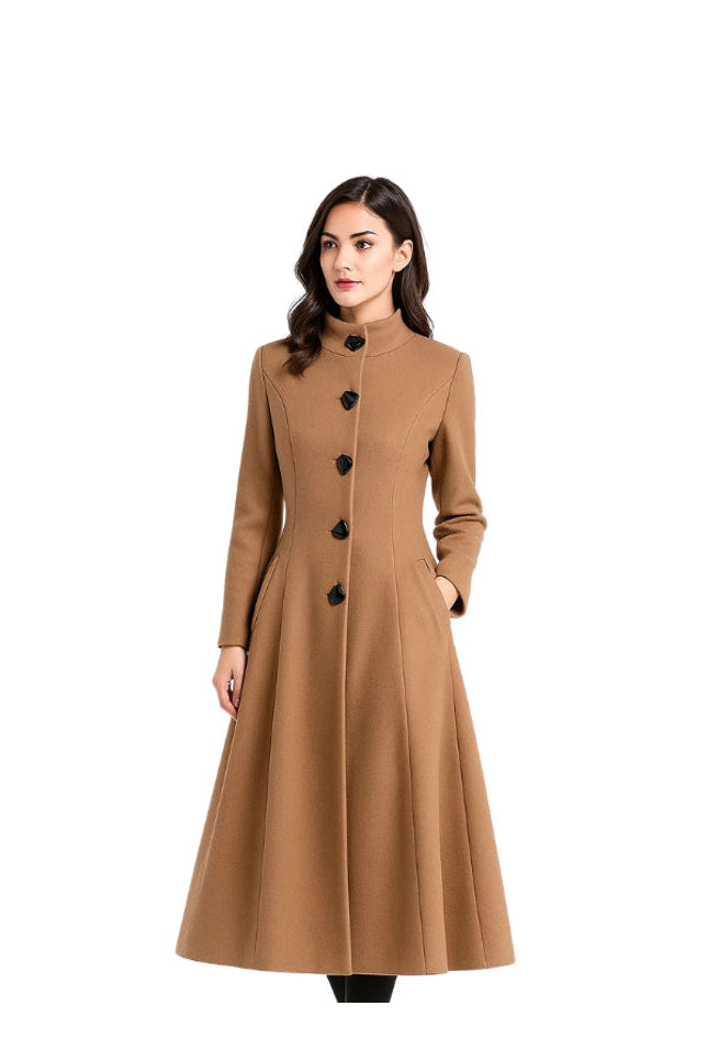 Woman wearing a brown coat on a white background