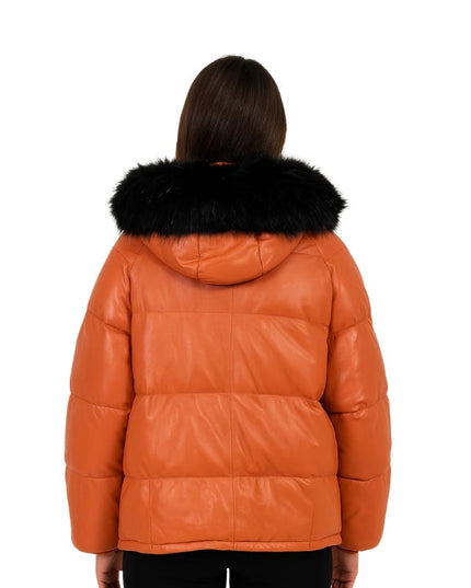 Orange puffer jacket with black fur hood on a white background