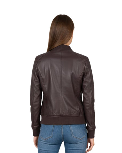 Brown leather jacket worn by a person on a white background