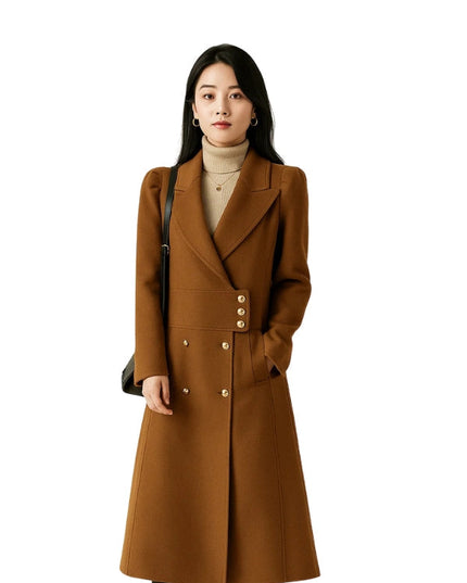 Woman wearing a brown coat on a white background