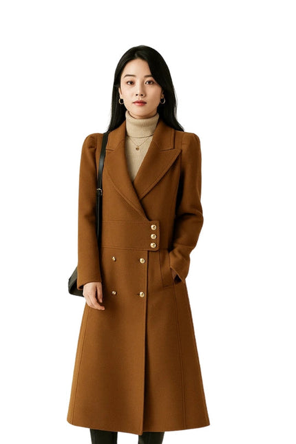 Woman wearing a brown coat on a white background