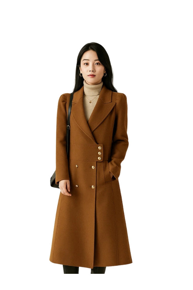 Woman wearing a brown coat on a white background
