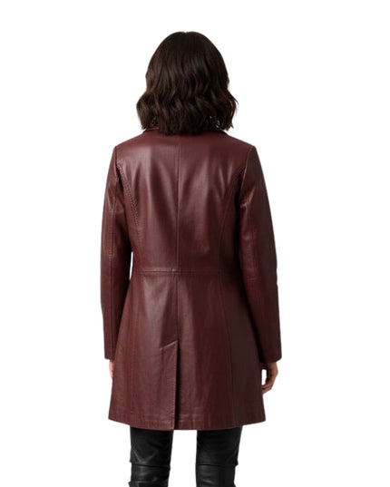 Person wearing a brown leather coat on a white background