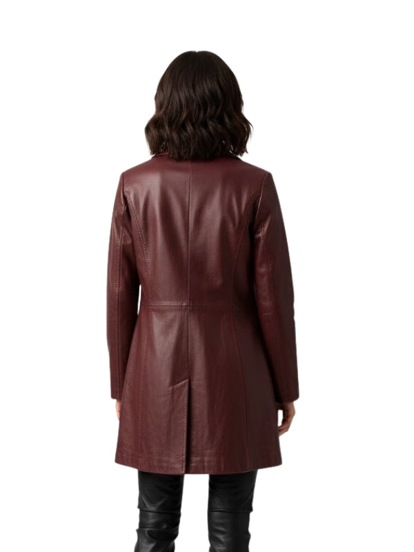 Person wearing a brown leather coat on a white background