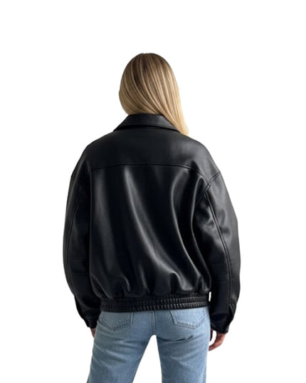 Person wearing a black leather jacket on a white background