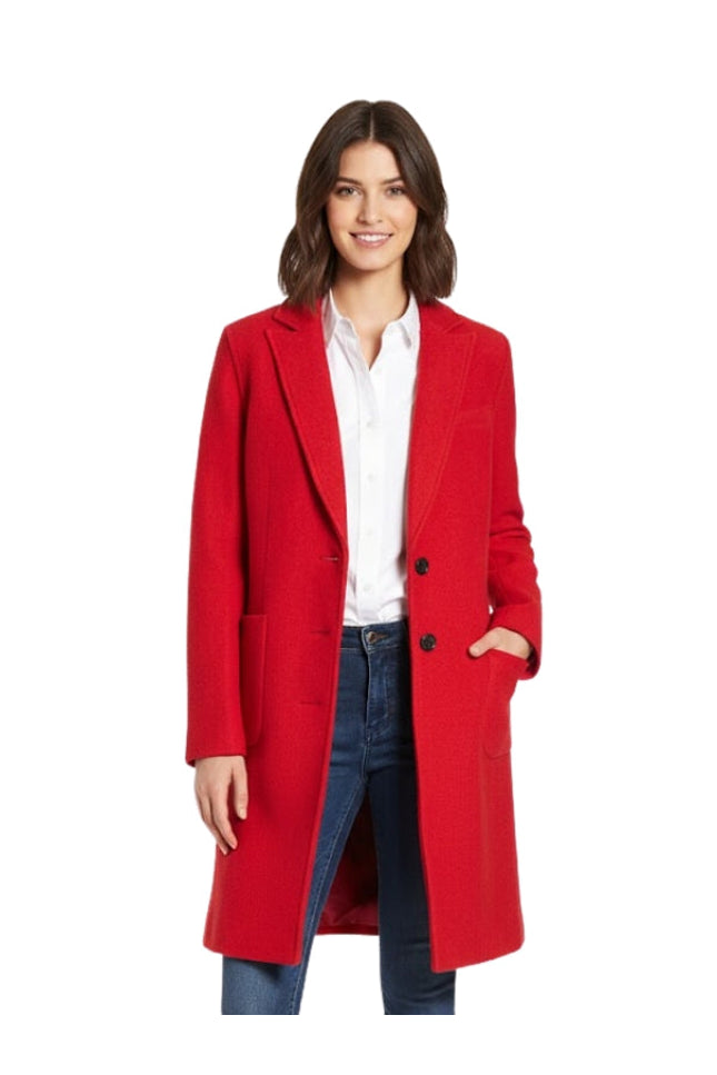 Woman wearing a red coat on a white background