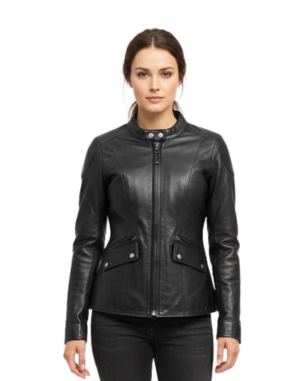 Woman wearing a black leather jacket on a white background