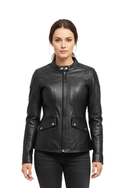 Woman wearing a black leather jacket on a white background
