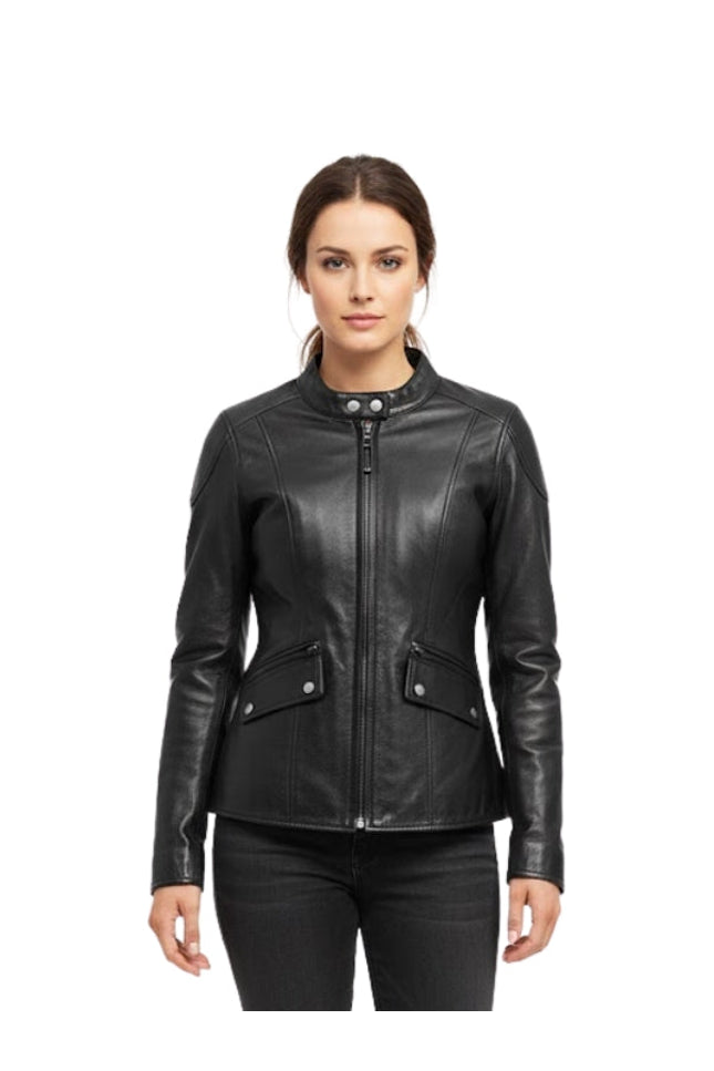 Woman wearing a black leather jacket on a white background